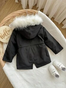 SHEIN 女婴黑色保暖连帽毛领夹克，秋冬款 - 黑色 - 查看 2