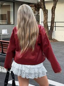 SHEIN EZwear 情人节大码女式休闲拉链前红色长袖夹克，适合圣诞节和冬季 - 酒紅色 - 查看 2