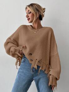 EURMUSE Women's Solid Color Round Neck Fringe Long Lantern Sleeve Fashionable Sweater Fall - Beige - View 4