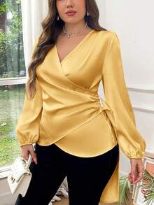 SHEIN Privé Plus Size Women Elegant Solid V-Neck Asymmetrical Pleated Faux Pearl Beaded Ruffle Hem Long Sleeve Blouse, Versatile For Work And Casual Wear, Spring/Autumn