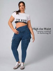 Flexra Plus Size Fashionable Elastic & Soft High Waist Slimming Skinny Jeans - Dark Wash - View 3