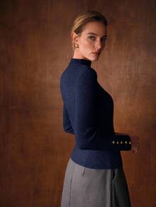 MOTF PREMIUM SIMPLE METAL BUCKLE DECOR BASE LAYER SWEATER - Navy Blue - View 3