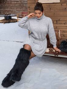 SHEIN EZwear Plus Size Loose Turtleneck Lantern Sleeve Chunky Knit Sweater Dress, Fall/Winter Autumn - Light Grey - View 12