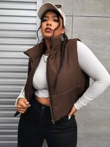 SHEIN EZwear Plus Size Solid Casual Zip Up Vest Winter Coat - Coffee Brown - View 4