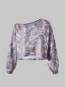 Fashionable Casual Oblique Shoulder Long Sleeve Grey T-Shirt For Tween Girls - Multicolor - View 4