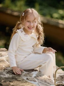 Vintaside Kids 2 pièces/Set Top à manches longues et pantalon avec broderie florale décontractée pour filles, convient pour le printemps, l'automne, l'hiver, la maison, les voyages, le port quotidien - Nude - Voir 9