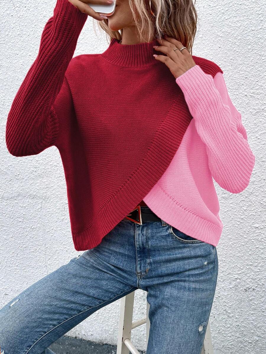 SHEIN LUNE Casual Color Block Stand Collar Wrap Sweater, Autumn/Winter - Multicolor - View 1