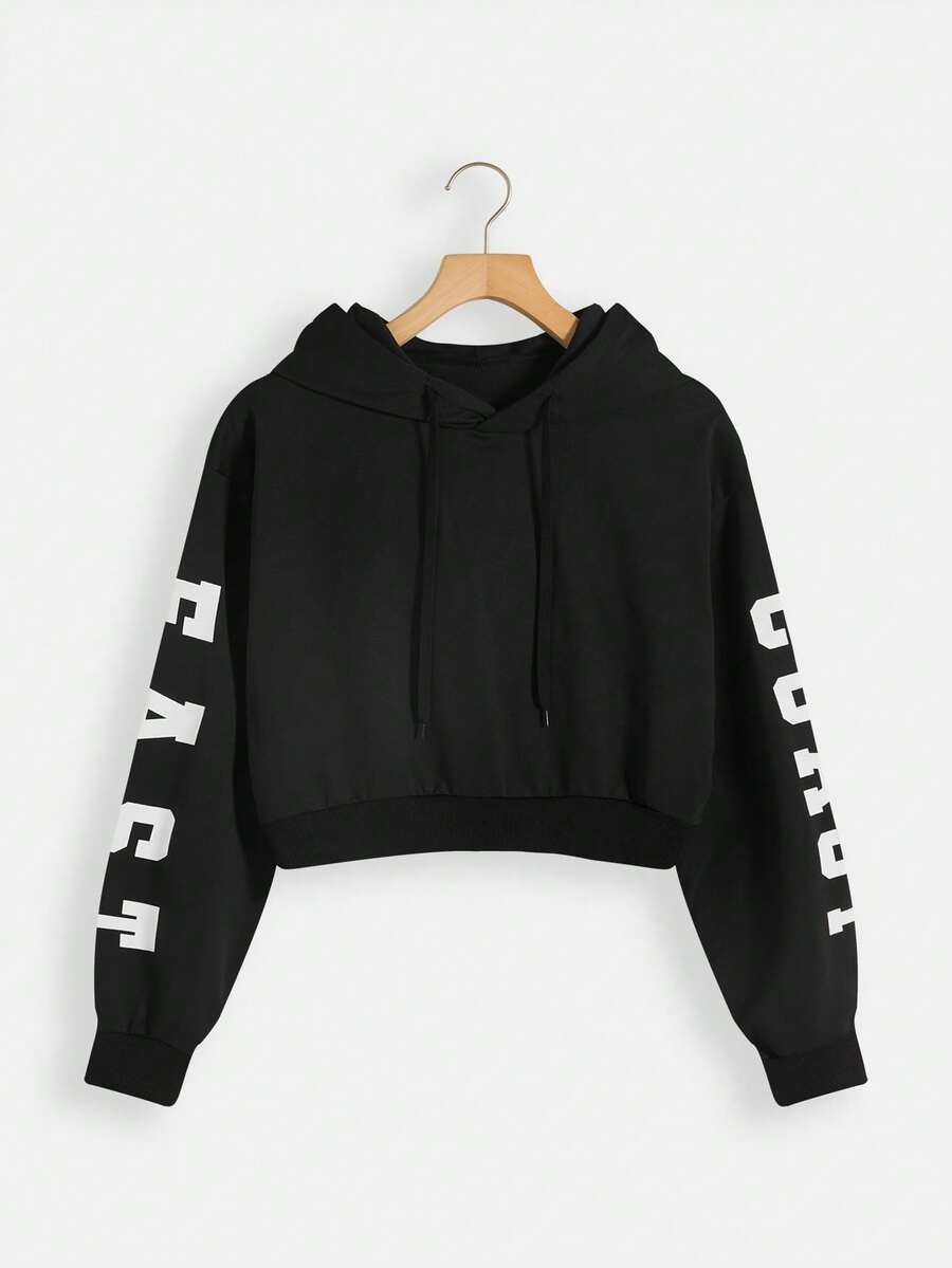 SHEIN EZwear Women's Black East Coast Graphic Cropped Drawstring Hoodie,Fall - Black - View 1
