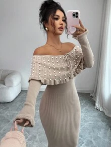 Rafferiza 女士纯色蝴蝶结长袖弹力修身露肩毛衣裙，法式优雅珍珠装饰露肩大翻领针织连衣裙，秋冬针织长裙，返校毛衣裙，音乐节，圣诞节，仙女裙，秋季婚礼宾客礼服 - 駝色 - 查看 4
