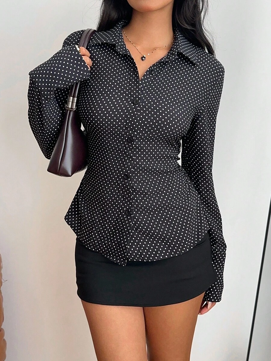 SHEIN EZwear Áo cánh dài tay họa tiết chấm bi thanh lịch dành cho nữ, mùa xuân/thu - màu đen - Xem 1