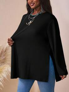 SHEIN CURVE+ Áo thun dáng rộng tay dài cổ tròn trễ vai nhiều màu sắc cỡ lớn, quần áo mùa hè cho nữ, mùa đông, đường cong PLUS - màu đen - Xem 2