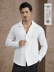 Core Aspect Camisa de manga larga con cuello de gaviota poco convencional y forro único para hombres, camisa de botones de manga larga de puro algodón con gran solapa y cuello de gaviota en color blanco puro para hombres, individual y de moda, camisa de lino blanca de manga, diseño minimalista, sensación de alta gama, casual urbano, primera opción para el transporte diario y salir, otoño - Blanco - Ver 1