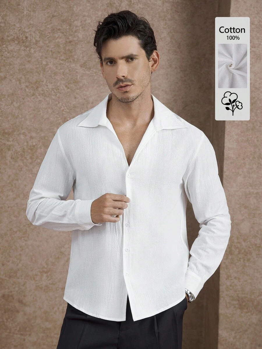 Core Aspect Camisa de manga larga con cuello de gaviota poco convencional y forro único para hombres, camisa de botones de manga larga de puro algodón con gran solapa y cuello de gaviota en color blanco puro para hombres, individual y de moda, camisa de lino blanca de manga, diseño minimalista, sensación de alta gama, casual urbano, primera opción para el transporte diario y salir, otoño - Blanco - Ver 1