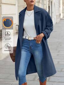 EURMUSE Women's Casual Solid Color Woolen Coat, Suitable For Commuting In Autumn/Winter - Dusty Blue - View 1