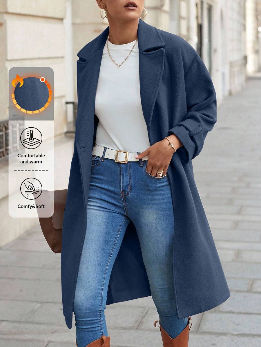 EURMUSE Women's Casual Solid Color Woolen Coat, Suitable For Commuting In Autumn/Winter - Dusty Blue - View 1