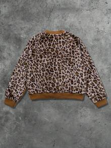 ROMWE MEN Street Life Herren Leopard Muster Patchwork Wildleder-Optik Jacke, Street Style amerikanischer Buchstaben Stickerei Mantel, Herbst/Winter - Kaffeebraun - Übersicht 2