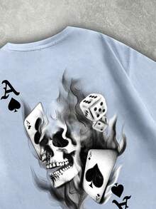 Manfinity ZONE917 Men's Loose Fit Spade A Smoky Skull Dice Print Oversized Short Sleeve T-Shirt, Haze Blue