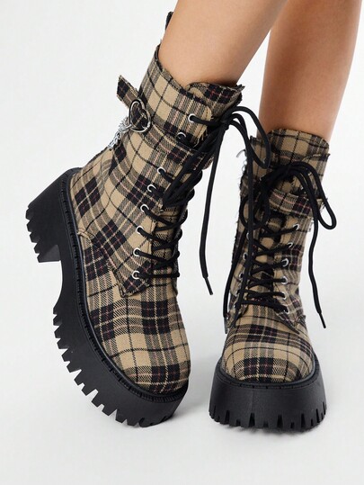 Grunge Punk Stivali da motociclista con lacci in stile gotico punk scuro per donne, stivali alla caviglia con platform e stivali corti