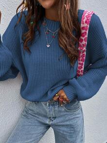 EMERY ROSE Solid Color Crew Neck Casual Versatile Long Sleeve Pullover Sweater - Navy Blue - View 3