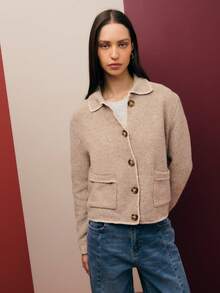 Nöista Women's Oatmeal Button-Up Cardigan With Patch Pockets,Cozy Timeless Blue And White Striped,Autumn,Casual,Office Sweater For Fall,Winter Layered Looks - Army Green - View 5