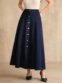 Anewsta Elegant Casual A-Line Denim Single-Breasted Skirt For Women - Blue - View 4