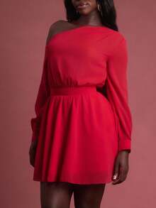 SHEIN Unity Vestido con hombros descubiertos, manga larga asimétrica, con detalles de flores y malla, para ocasiones especiales, salidas, citas, fiestas, estilo Y2K y vintage para otoño para mujeres - Rojo - Ver 6