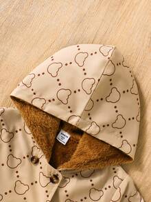 Elladie kids 女童卡其色小熊图案保暖连帽双排扣时尚外套，适合日常休闲穿着，可爱又保暖，冬季适用。