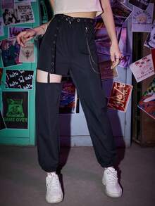 ROMWE Grunge Punk Solid Belted Chain Cut-out Pants - Black - View 6