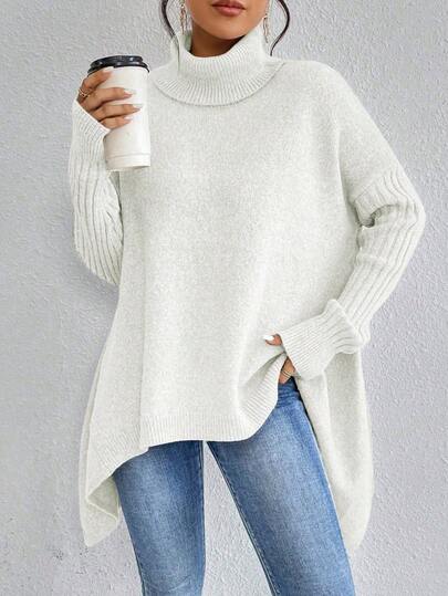 EMERY ROSE High Neck Front Short Back Long Casual Long Sleeve Pullover Sweater