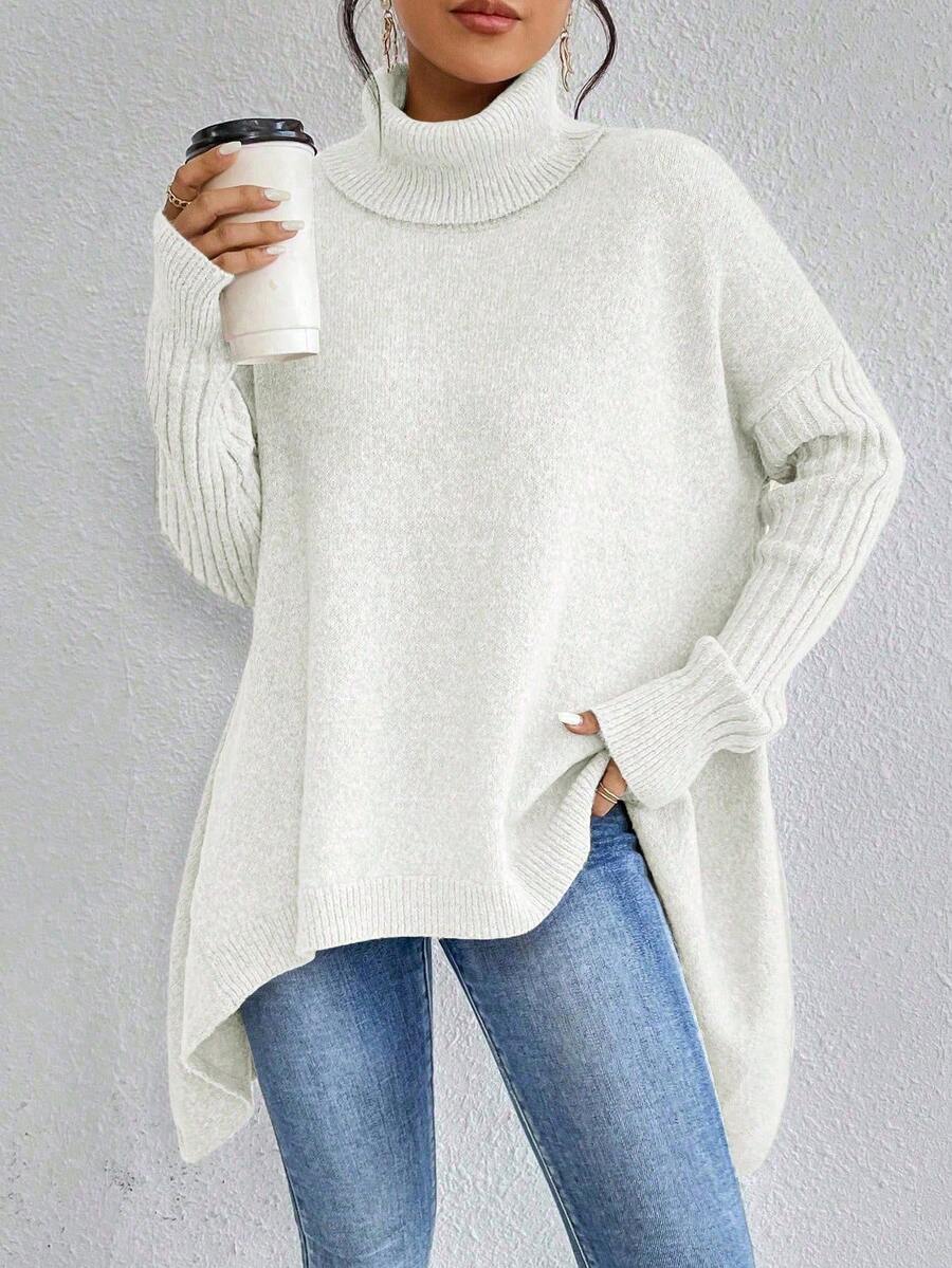 EMERY ROSE High Neck Front Short Back Long Casual Long Sleeve Pullover Sweater - Beige - View 1