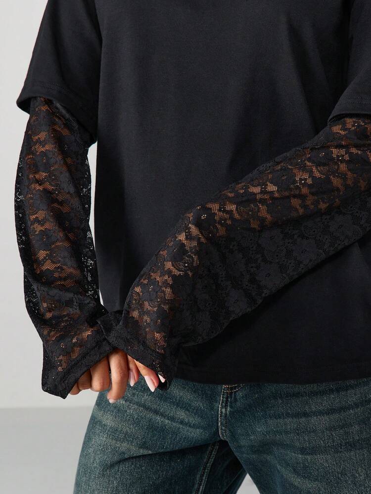 MISSGUIDED Oversized Black T-Shirt With Lace Long Sleeves Casual Fashion Layered Style Fall Winter Basic Holiday Elegant Ladies Everyday Wear Two Tone Design