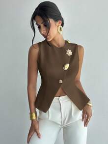 Firerie Damen elegante, raffinierte romantische Pendler-Mode Tägliche Metall-Knopf Taille A-Linie Saum ärmelloses weißes Blusen-Top - Kaffeebraun - Übersicht 3