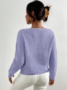Cloudara Cross-Front V-Neck Drop Shoulder Pearl Detail Sweater - Purple - View 2