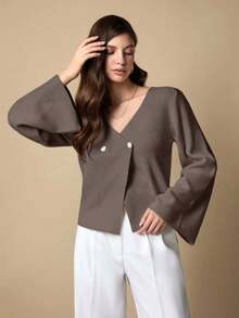 EURMUSE Women's Petite Solid Color V-Neck Front Button Drop Shoulder Cardigan - Brown - View 5