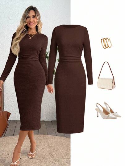 SHEIN LUNE Women's Casual Textured Long Sleeve Dress Brown Bodycon Dress Brown Elegant Dress Women Elegant Midi Dress Long Sleeve Elegant Dress Coffee Brown Dress ,Dresses For Women Elegant,Casual