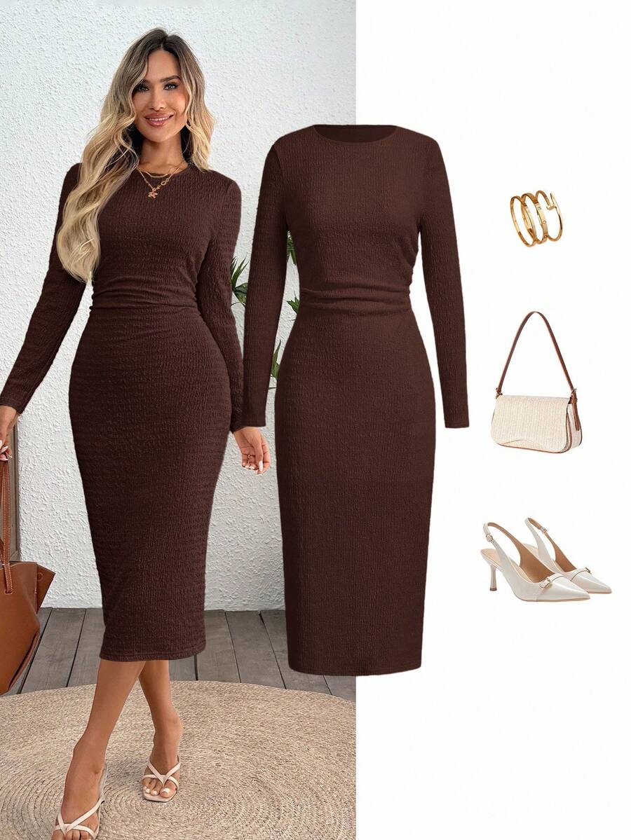 SHEIN LUNE Đầm dài tay nữ màu nâu dáng ôm, đầm thanh lịch màu nâu, đầm midi thanh lịch, đầm dài tay màu cà phê, đầm dành cho nữ, đầm thanh lịch, đầm thường ngày. - màu nâu - Xem 1