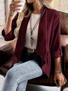 EMERY ROSE Áo khoác trench coat nữ tay dài, eo rút dây màu trơn, mùa thu - Màu Đỏ Sâu - Xem 3
