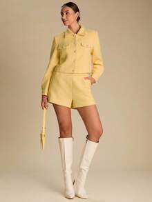 Enchnt Áo khoác ngoài đơn hàng ngày tay dài màu trơn dành cho nữ, mùa thu/đông - Màu vàng - Xem 5