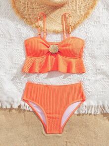 SHEIN 2 Stücke/Set süßer einfarbiger Mädchen Badeanzug, geeignet für Strand, Urlaub