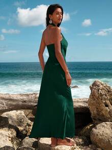 Opulessa 1 pièce Robe femme à col ras-du-cou tissée de couleur unie avec queue de poisson - Vert - Voir 2