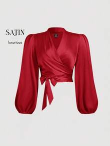 SHEIN MOD 大码女式纯色裹身领带蝴蝶结灯笼袖衬衫 - 紅色 - 查看 4
