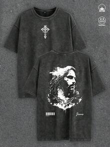 Manfinity ZONE917 Men's Distressed Jesus Cross Print Graphic Black T-Shirt, Street Style