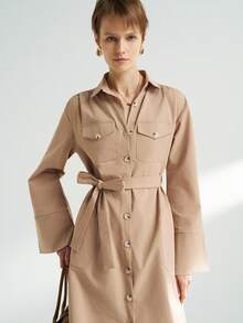 Airaco Women's Casual Button-Up Tie-Waist Midi Dress - Apricot - View 1