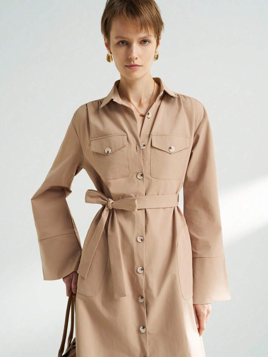 Airaco Women's Casual Button-Up Tie-Waist Midi Dress - Apricot - View 1