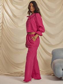 Aralina Sleepwear Christmas Thanksgiving Cosy 2pcs Plain Print Gingham Collared Tie Front Long Sleeve Button Down Shirt And Wide Leg Pant Sleep Pajama Set With Ruffle Detail, Cute Christmas Pajama Set Fall Winter Clothes Chic Bow Pajama Set Festival Outfits - Multicolor - View 9