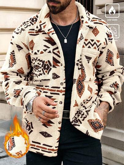 Manfinity Homme Chaqueta con bolsillo y botones con estampado geométrico para hombres, para otoño/invierno, regalo para novio, chaqueta de invierno cálida, ropa de hombre para otoño, chaqueta de hombre para invierno, chaqueta de felpa coral