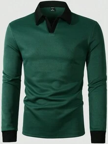Manfinity Homme 男士休闲通勤撞色长袖Polo衫，时尚黑绿长袖衬衫，适合日常休闲、周末旅行、户外活动、探险旅行、轻松的工作环境或半正式场合，也是送给男友/丈夫、周年纪念日的理想礼物，秋季必备。 - 墨綠色 - 查看 7