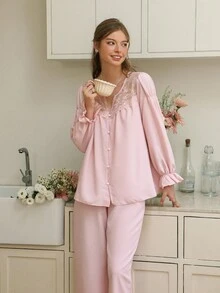 SHEIN 女士V领蕾丝边上衣长裤睡衣套装，浅粉色睡衣套装，粉色家居服套装，女士睡衣套装，秋冬服装 - 淺粉色 - 查看 1
