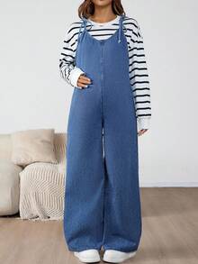 SHEIN Pregnant Fall Autumn Winter Halloween Christmas New Year Commuting Vacation Travel Old Money Style Fashionable Solid Retro Washed Women's Solid Color Knotted Strap Casual Denim Bib Pants And Blue Jumpsuit Women's Maternity Denim Overalls Adjustable Strap Wide Leg Jeans For Pregnancy Comfort
