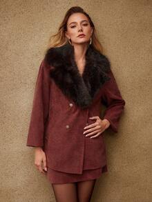 MOTF PREMIUM PŁASZCZ OVERSIZEROWY Z KOŁNIERZEM SZTRUKSOWYM, PATCHWORKOWY, JESIEŃ/ZIMA - Ciemnoróżowy - Zobacz 7